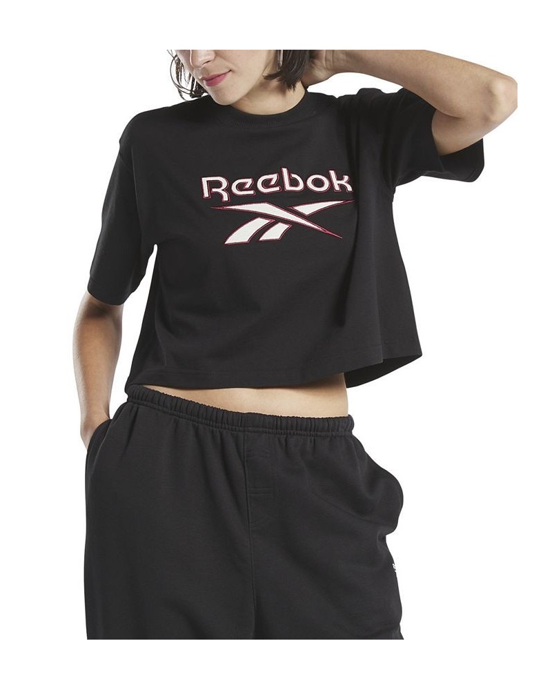 Women's Cropped Cotton Crew-Neck Logo-Graphic T-Shirt Black $17.98 Tops