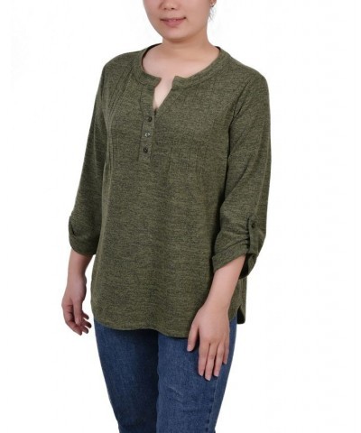 Women's 3/4 Roll Tab Sleeve Y-Neck Top Olivine $16.17 Tops