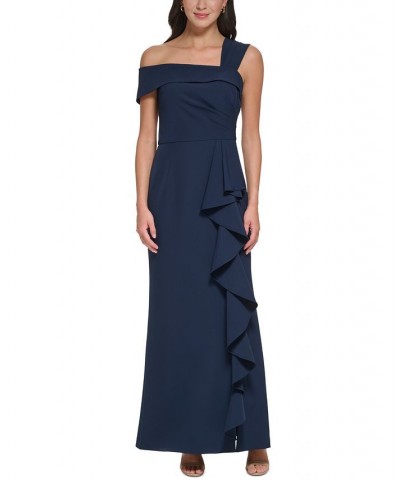 Women's Asymmetrical Side-Ruffled Gown Navy $80.92 Dresses