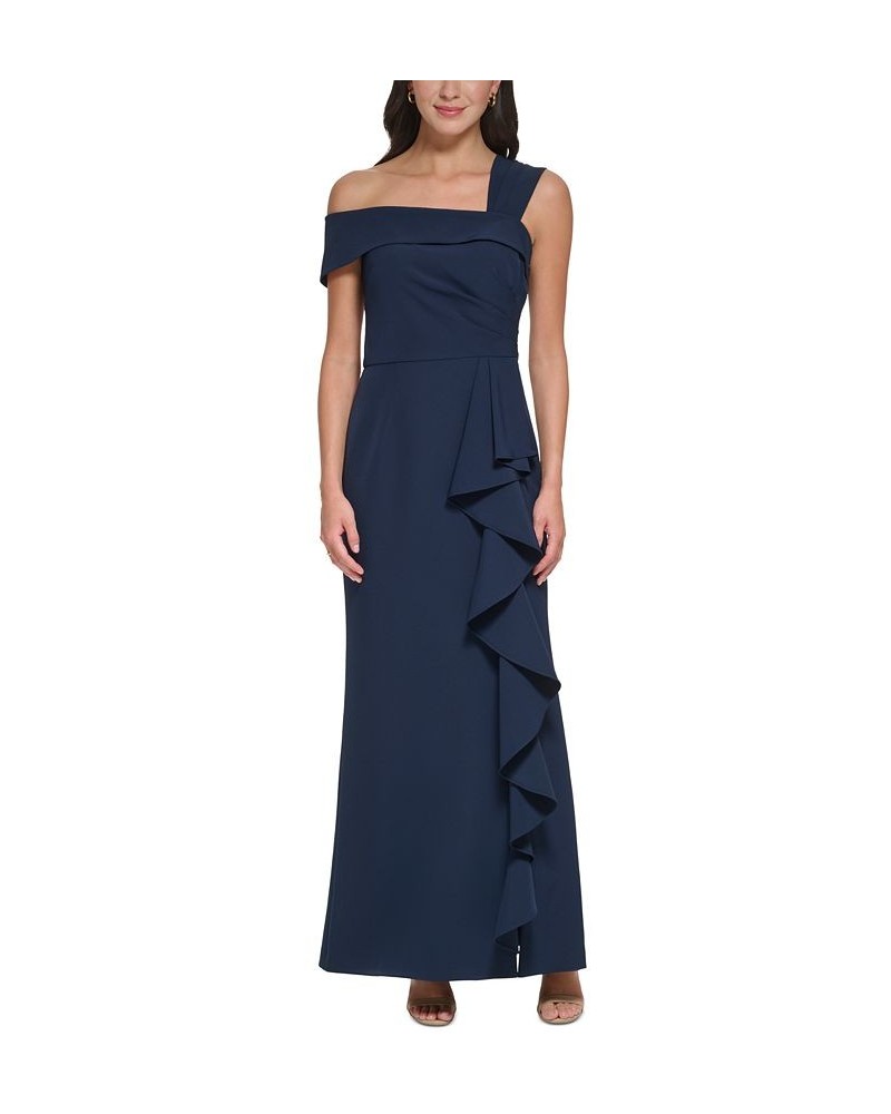 Women's Asymmetrical Side-Ruffled Gown Navy $80.92 Dresses