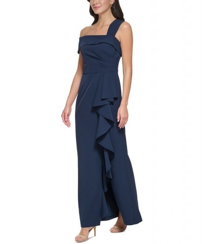 Women's Asymmetrical Side-Ruffled Gown Navy $80.92 Dresses