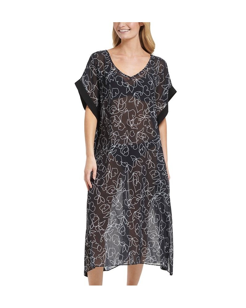 Women's Printed Bordered Maxi Chiffon Kaftan Swim Cover-Up Black Outline Floral $42.14 Swimsuits