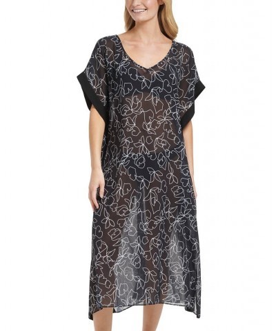 Women's Printed Bordered Maxi Chiffon Kaftan Swim Cover-Up Black Outline Floral $42.14 Swimsuits