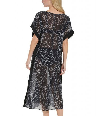 Women's Printed Bordered Maxi Chiffon Kaftan Swim Cover-Up Black Outline Floral $42.14 Swimsuits