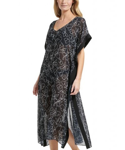 Women's Printed Bordered Maxi Chiffon Kaftan Swim Cover-Up Black Outline Floral $42.14 Swimsuits