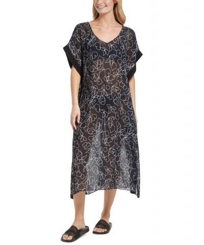 Women's Printed Bordered Maxi Chiffon Kaftan Swim Cover-Up Black Outline Floral $42.14 Swimsuits