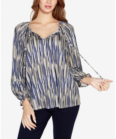 Women's Black Label Printed Peasant Top Navy Combo $26.25 Tops