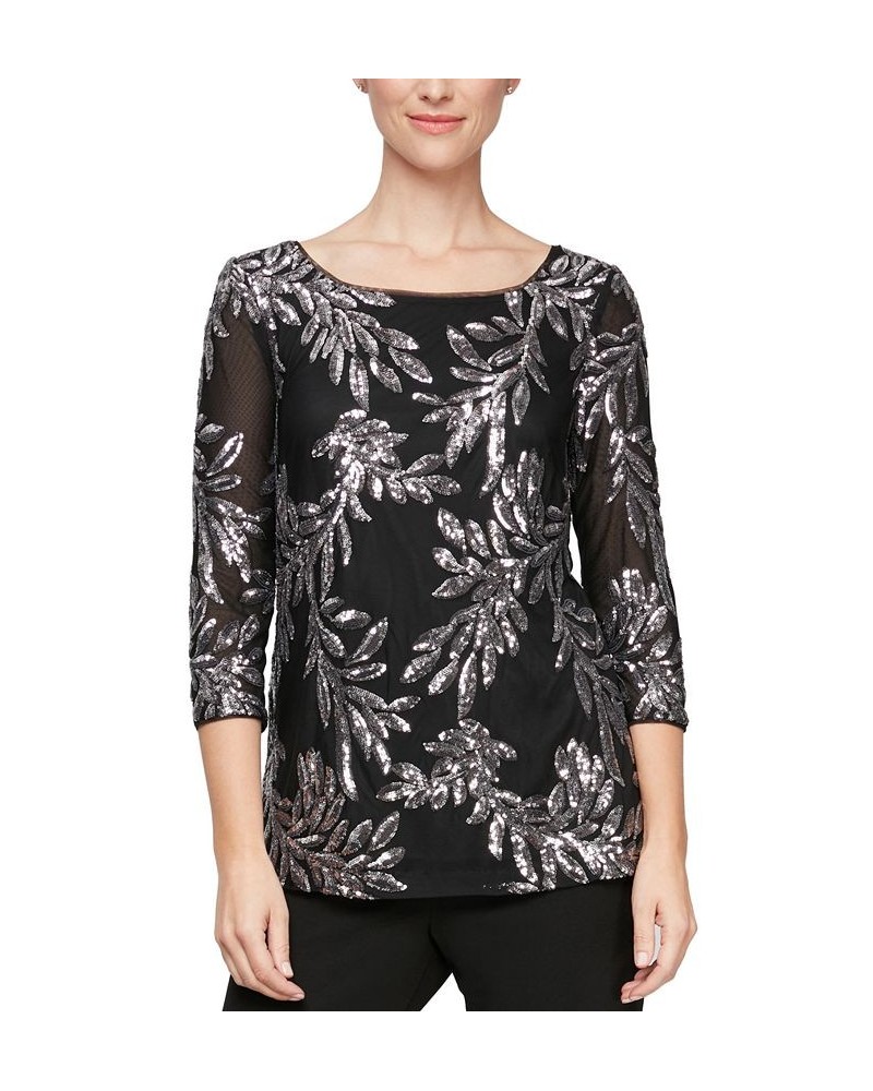 3/4-Sleeve Sequin Detail Blouse Black/Pewter $33.60 Tops