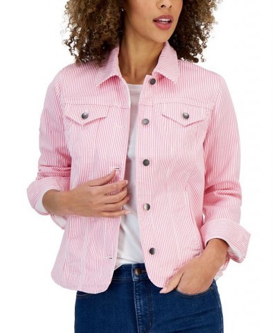 Women's Striped Denim Trucker Jacket Pink $23.84 Jackets