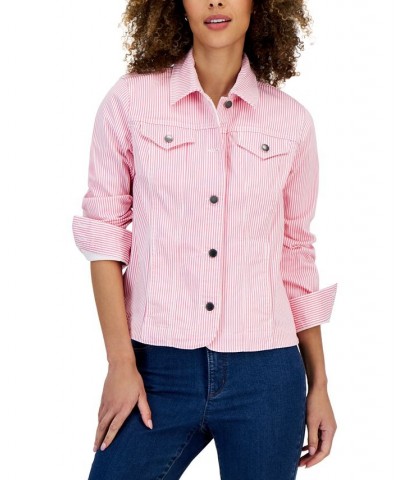 Women's Striped Denim Trucker Jacket Pink $23.84 Jackets