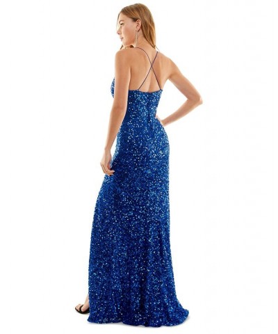 Juniors' Sequined High-Slit Crisscross-Strap Gown Royal $58.38 Dresses