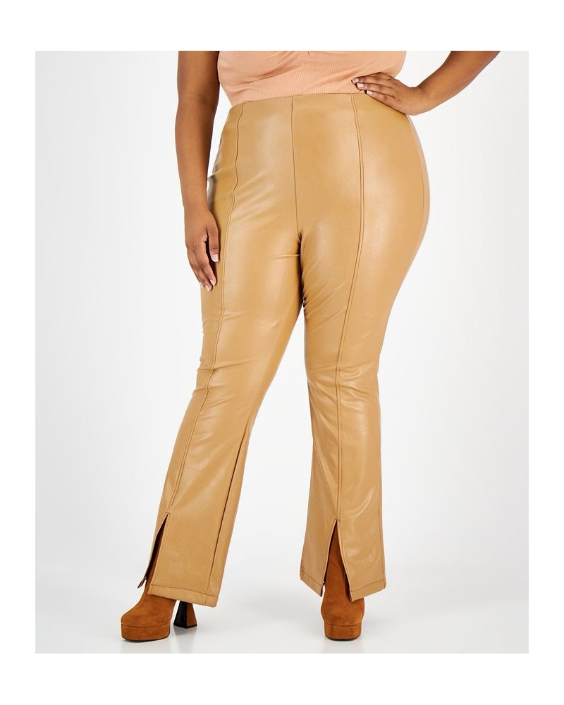 Plus Size Faux-Leather Slit-Cuff Flare-Leg Pants Brown $14.19 Pants