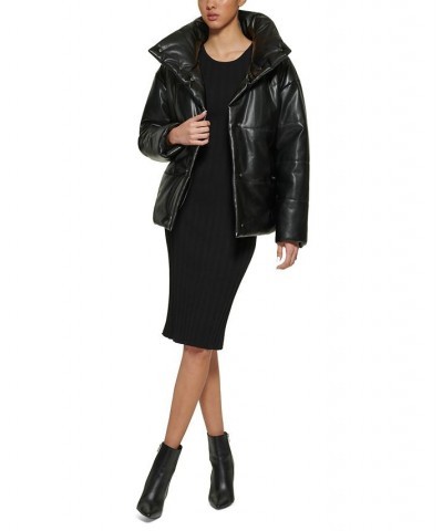 Women's Faux-Leather Puffer Coat Black $80.00 Coats