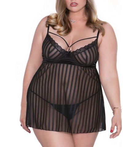 Plus Size Striped Mesh Babydoll 2pc Lingerie Set Online Only Black $34.00 Lingerie