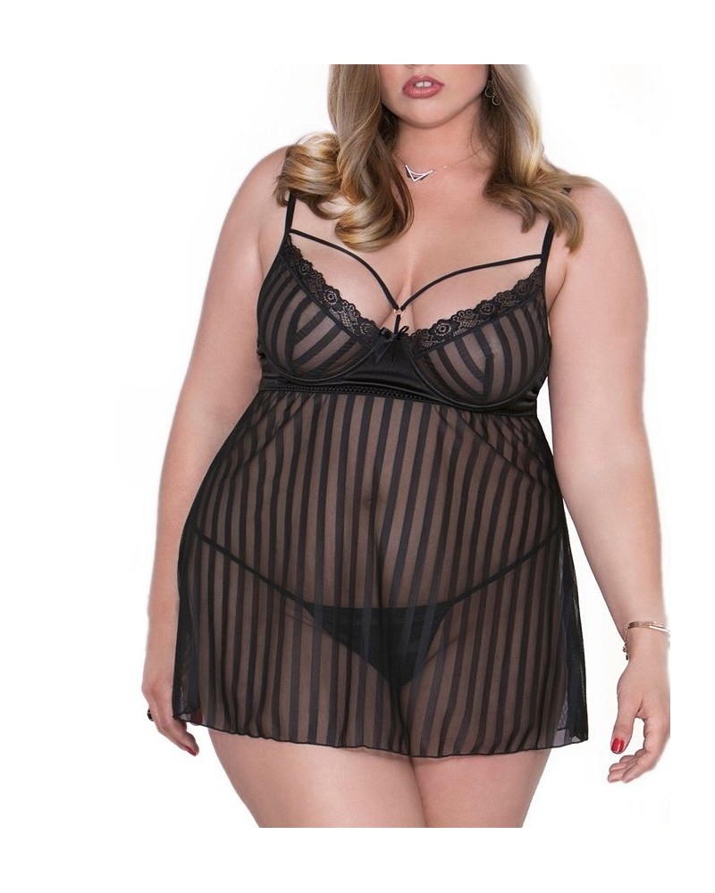 Plus Size Striped Mesh Babydoll 2pc Lingerie Set Online Only Black $34.00 Lingerie