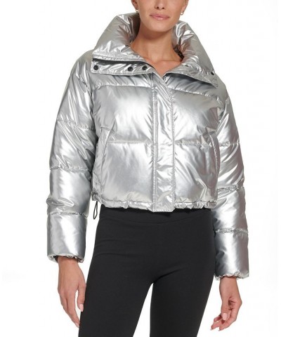 Sports Women's Active Metallic Cropped Puffer Jacket Silver $47.38 Jackets