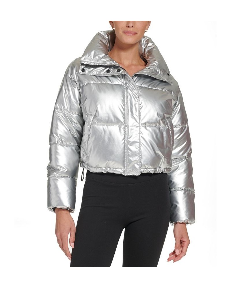 Sports Women's Active Metallic Cropped Puffer Jacket Silver $47.38 Jackets