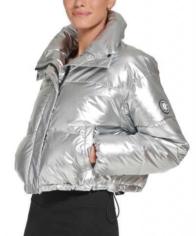 Sports Women's Active Metallic Cropped Puffer Jacket Silver $47.38 Jackets