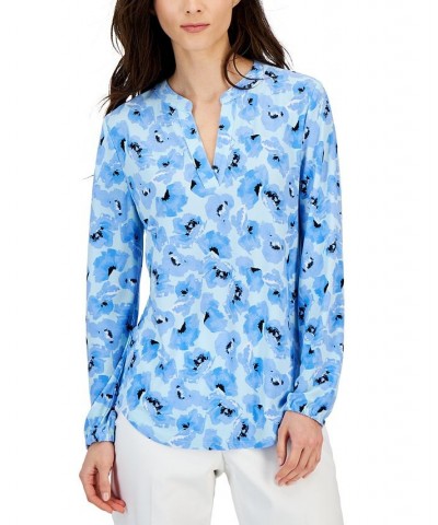 Women's Floral-Print Long-Sleeve Blouse Shore Blue Multi $33.18 Tops