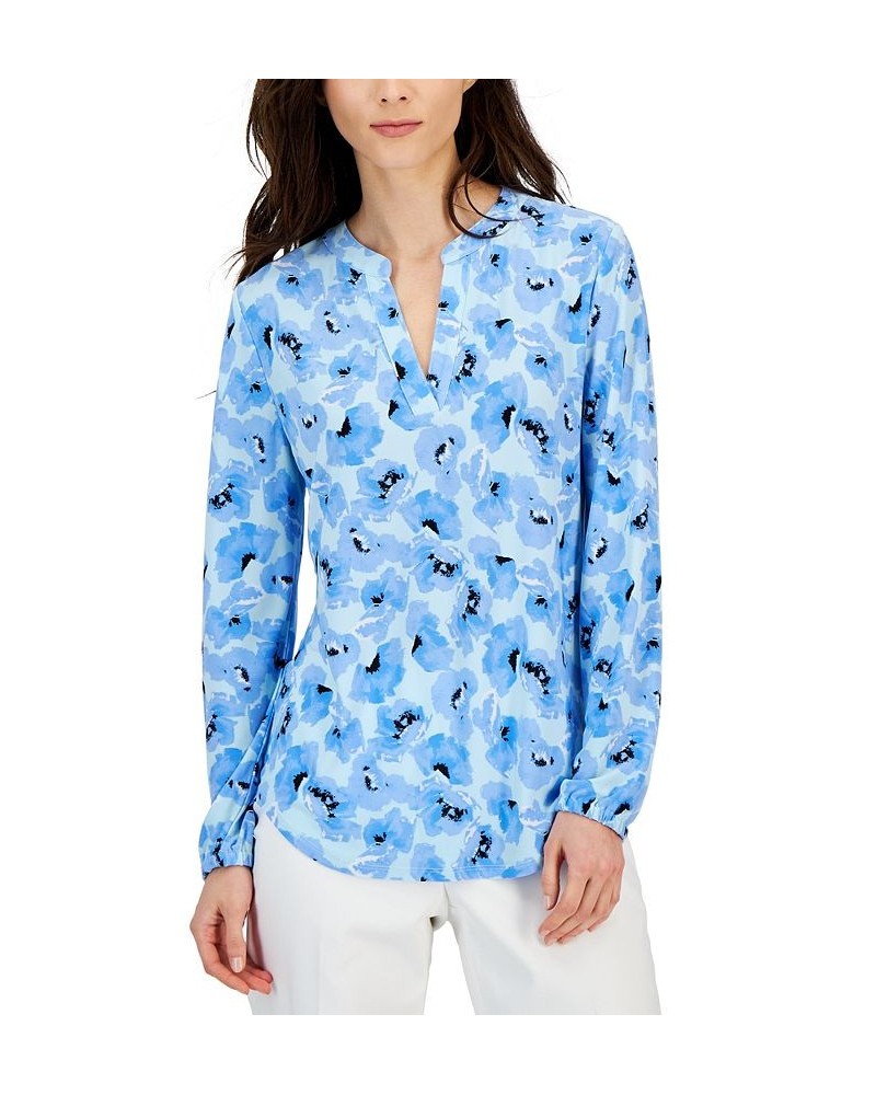 Women's Floral-Print Long-Sleeve Blouse Shore Blue Multi $33.18 Tops