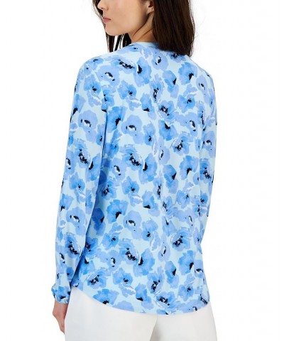 Women's Floral-Print Long-Sleeve Blouse Shore Blue Multi $33.18 Tops