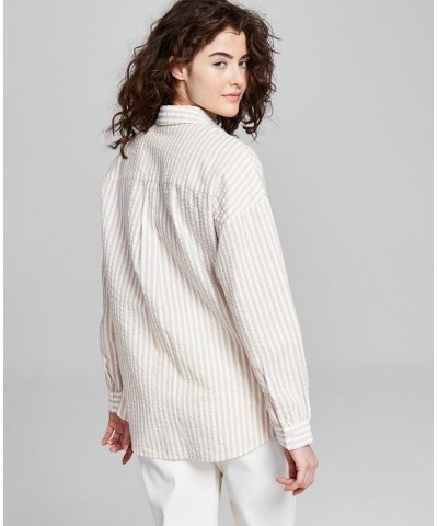 Women's Oversized Seersucker Button Down Shirt Brown $23.60 Tops