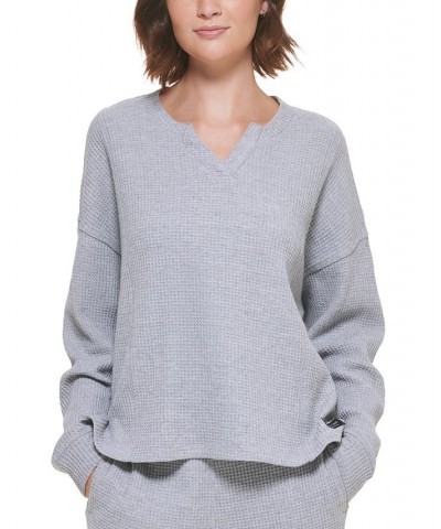 Women's Chunky Waffle-Knit Drop-Shoulder Top Silver $21.47 Tops