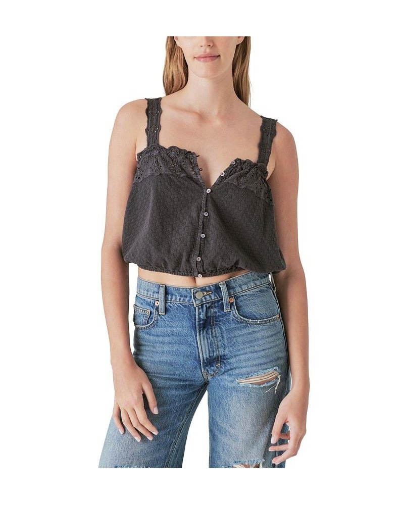 Women's Eyelet Buffon-Front Tank Top Black $11.36 Tops