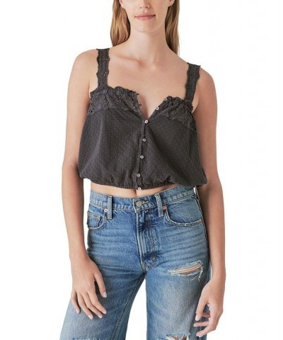 Women's Eyelet Buffon-Front Tank Top Black $11.36 Tops