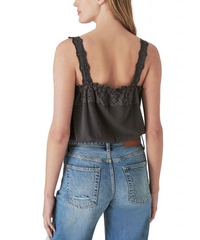 Women's Eyelet Buffon-Front Tank Top Black $11.36 Tops