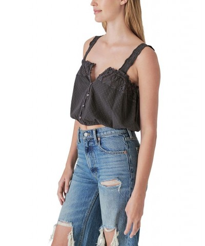 Women's Eyelet Buffon-Front Tank Top Black $11.36 Tops