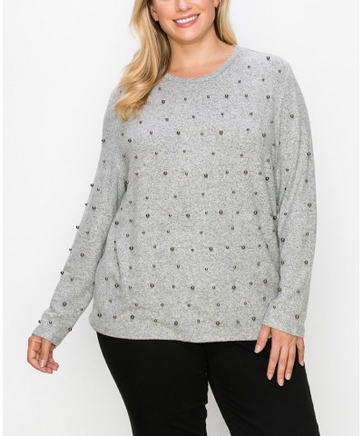 Plus Size Cozy Gunmetal Imitation Pearls Long Sleeve Top Heather Gray $22.14 Tops