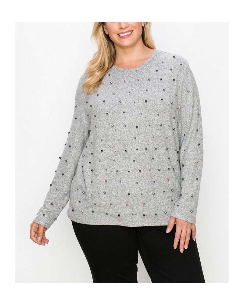 Plus Size Cozy Gunmetal Imitation Pearls Long Sleeve Top Heather Gray $22.14 Tops