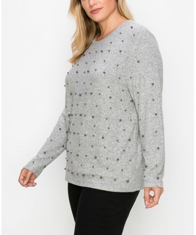 Plus Size Cozy Gunmetal Imitation Pearls Long Sleeve Top Heather Gray $22.14 Tops