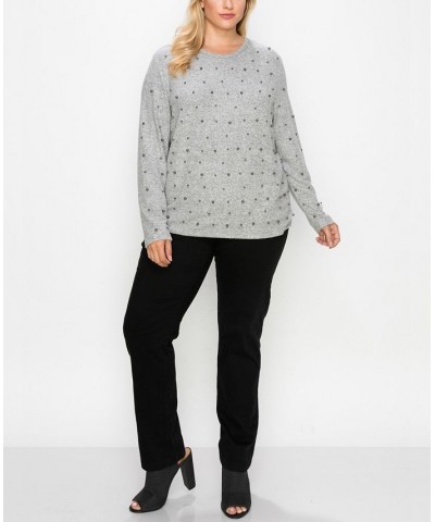 Plus Size Cozy Gunmetal Imitation Pearls Long Sleeve Top Heather Gray $22.14 Tops