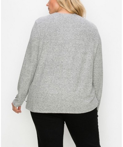 Plus Size Cozy Gunmetal Imitation Pearls Long Sleeve Top Heather Gray $22.14 Tops