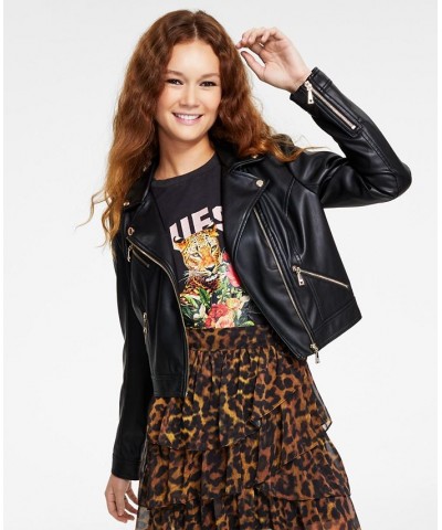 Women's Venom Cropped Moto Long-Sleeve Zipper Jacket Pleather Jet Black Multi $67.20 Jackets