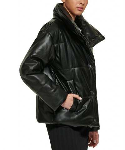 Women's Faux-Leather Puffer Coat Black $80.00 Coats