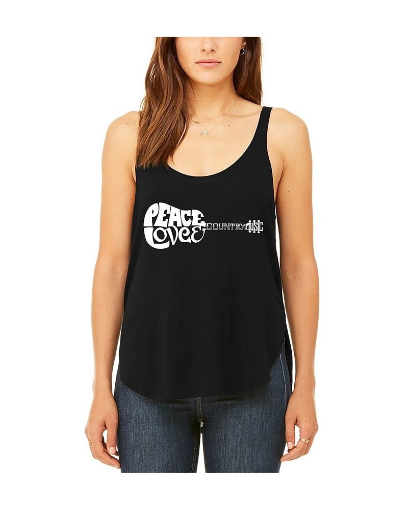 Women's Premium Peace Love Country Word Art Flowy Tank Top Black $24.74 Tops