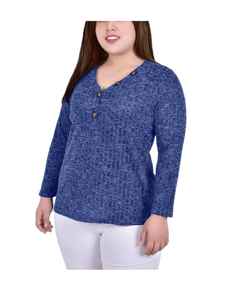 Plus Size Long Sleeve Ribbed Henley Blue $12.56 Tops