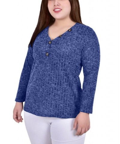 Plus Size Long Sleeve Ribbed Henley Blue $12.56 Tops