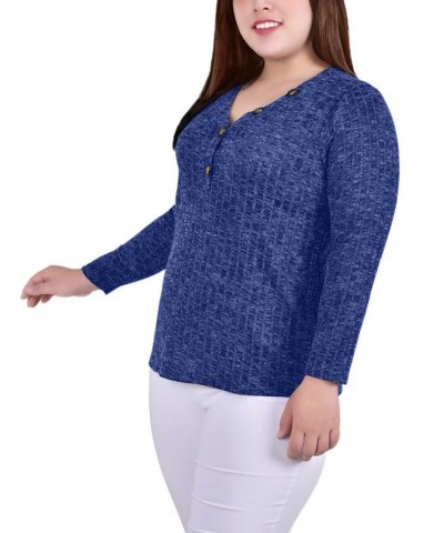 Plus Size Long Sleeve Ribbed Henley Blue $12.56 Tops