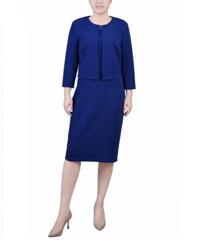 Petite Textured 3/4 Sleeve Two Piece Dress Set Blue $12.71 Dresses