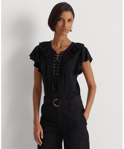 Women's Ruffle-Trim Lace-Up Jersey T-Shirt Black $43.20 Tops