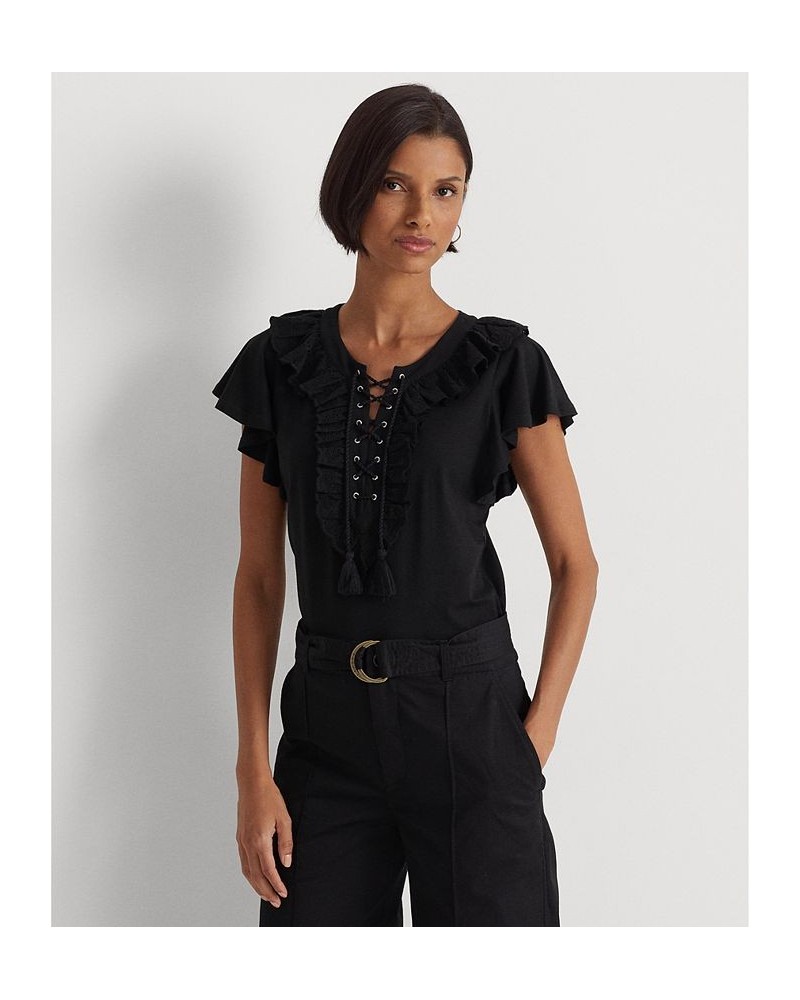 Women's Ruffle-Trim Lace-Up Jersey T-Shirt Black $43.20 Tops