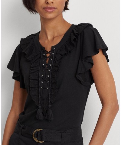 Women's Ruffle-Trim Lace-Up Jersey T-Shirt Black $43.20 Tops