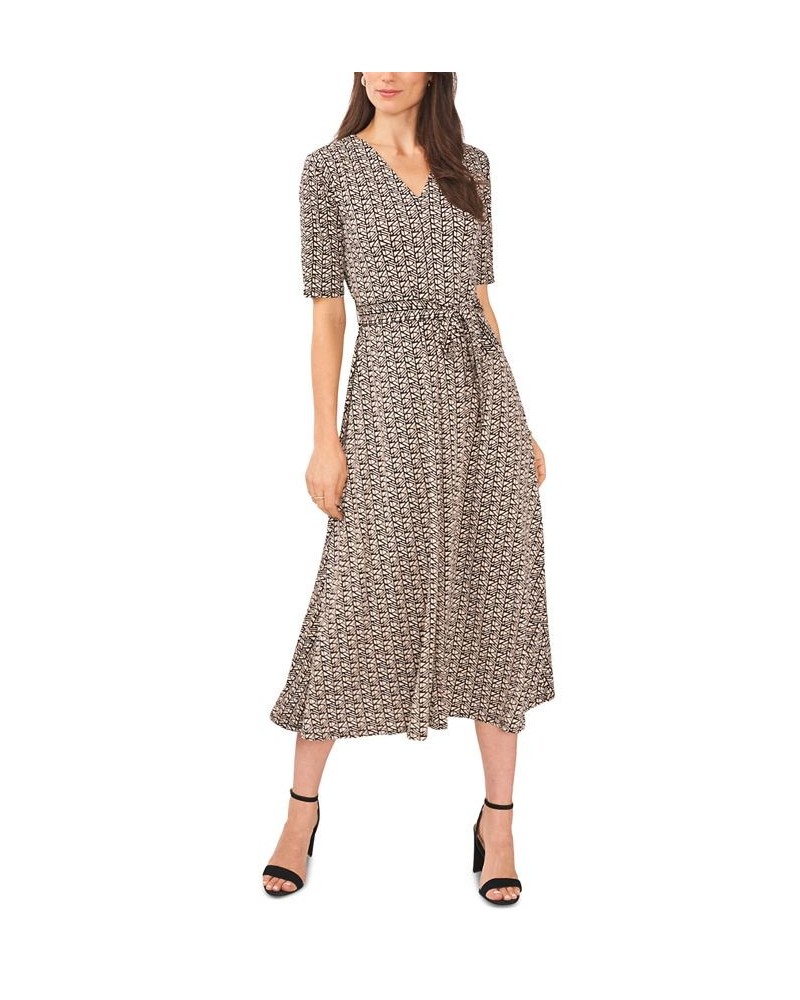 Women's Printed V-Neck Fit & Flare Midi Dress Tan/black $20.24 Dresses