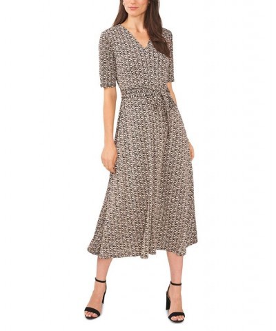 Women's Printed V-Neck Fit & Flare Midi Dress Tan/black $20.24 Dresses