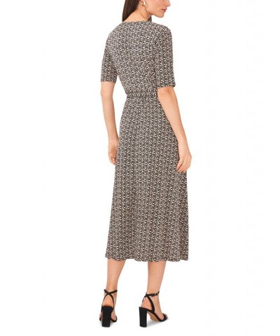 Women's Printed V-Neck Fit & Flare Midi Dress Tan/black $20.24 Dresses