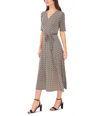 Women's Printed V-Neck Fit & Flare Midi Dress Tan/black $20.24 Dresses